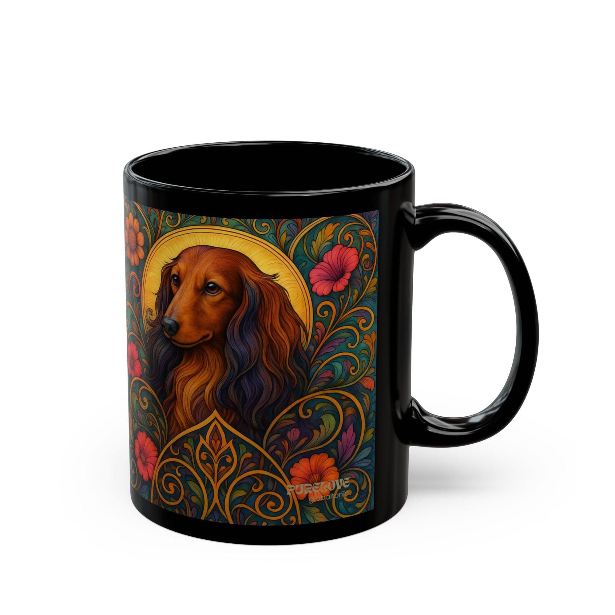 Longhair Dachshund Dog Lover Black Mug – Vintage Pet Themed Cup for Gifts & Home Decor