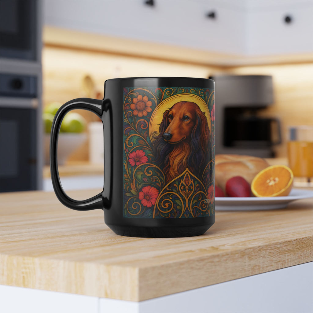 Longhair Dachshund Dog Lover Black Mug – Vintage Pet Themed Cup for Gifts & Home Decor
