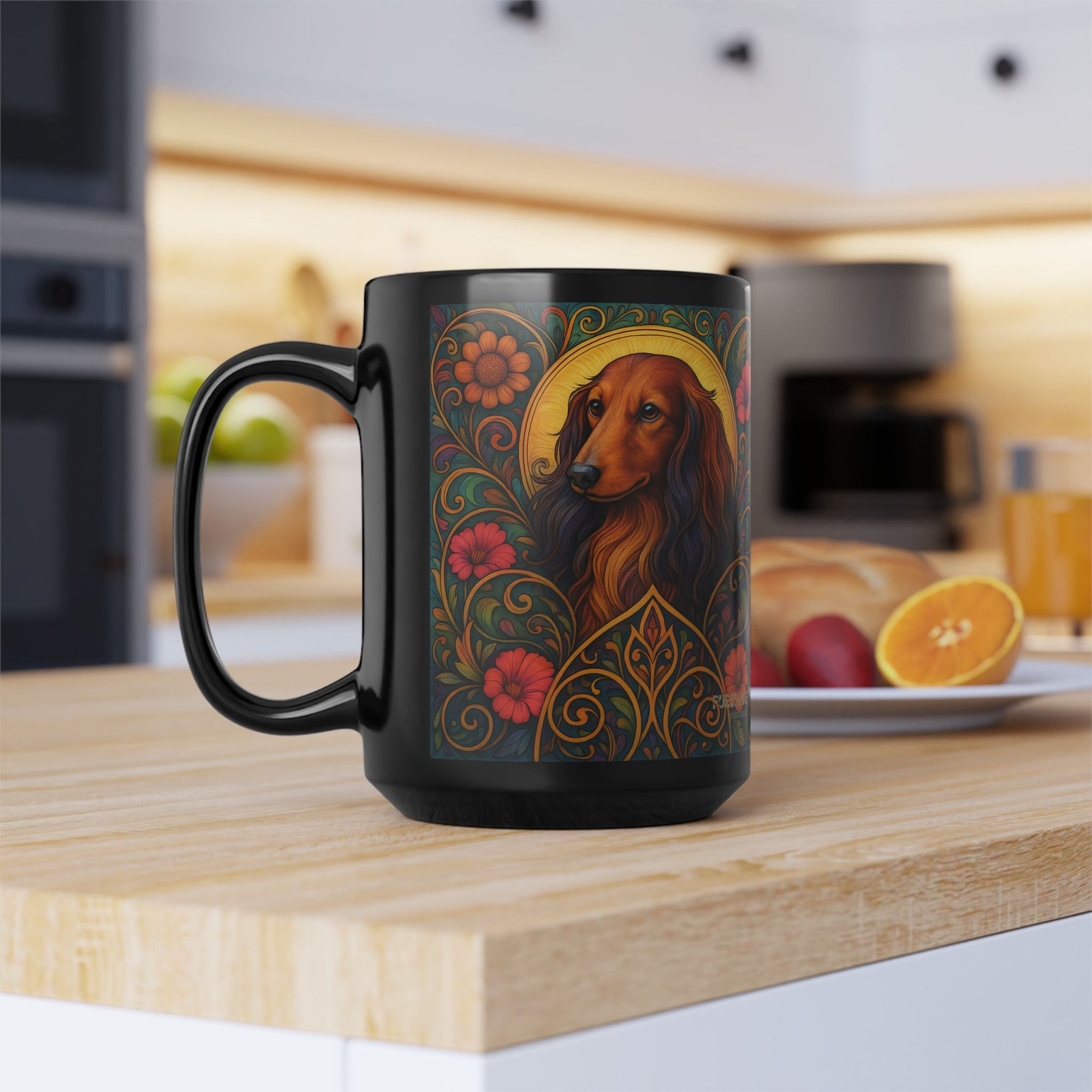 Longhair Dachshund Dog Lover Black Mug – Vintage Pet Themed Cup for Gifts & Home Decor
