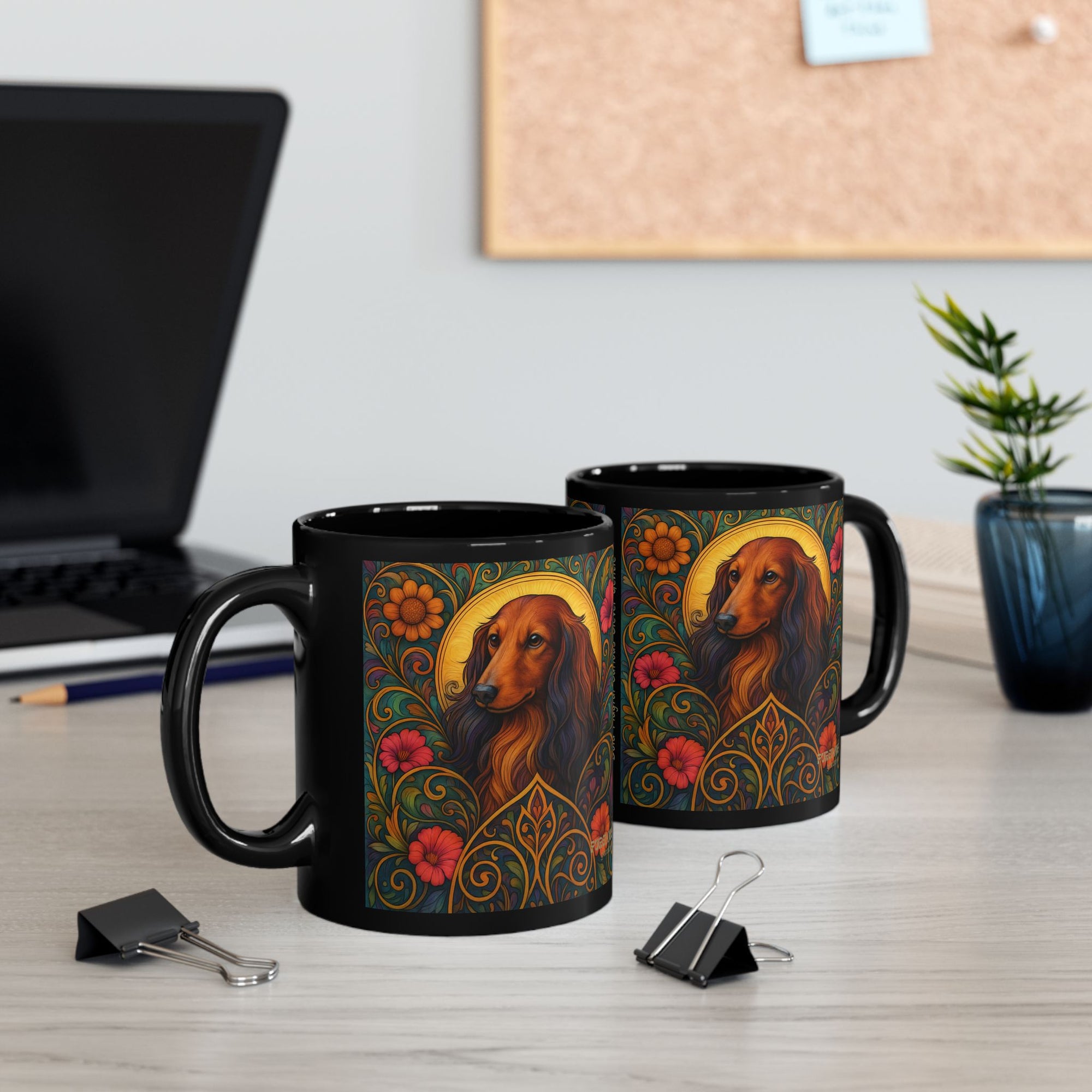 Longhair Dachshund Dog Lover Black Mug – Vintage Pet Themed Cup for Gifts & Home Decor