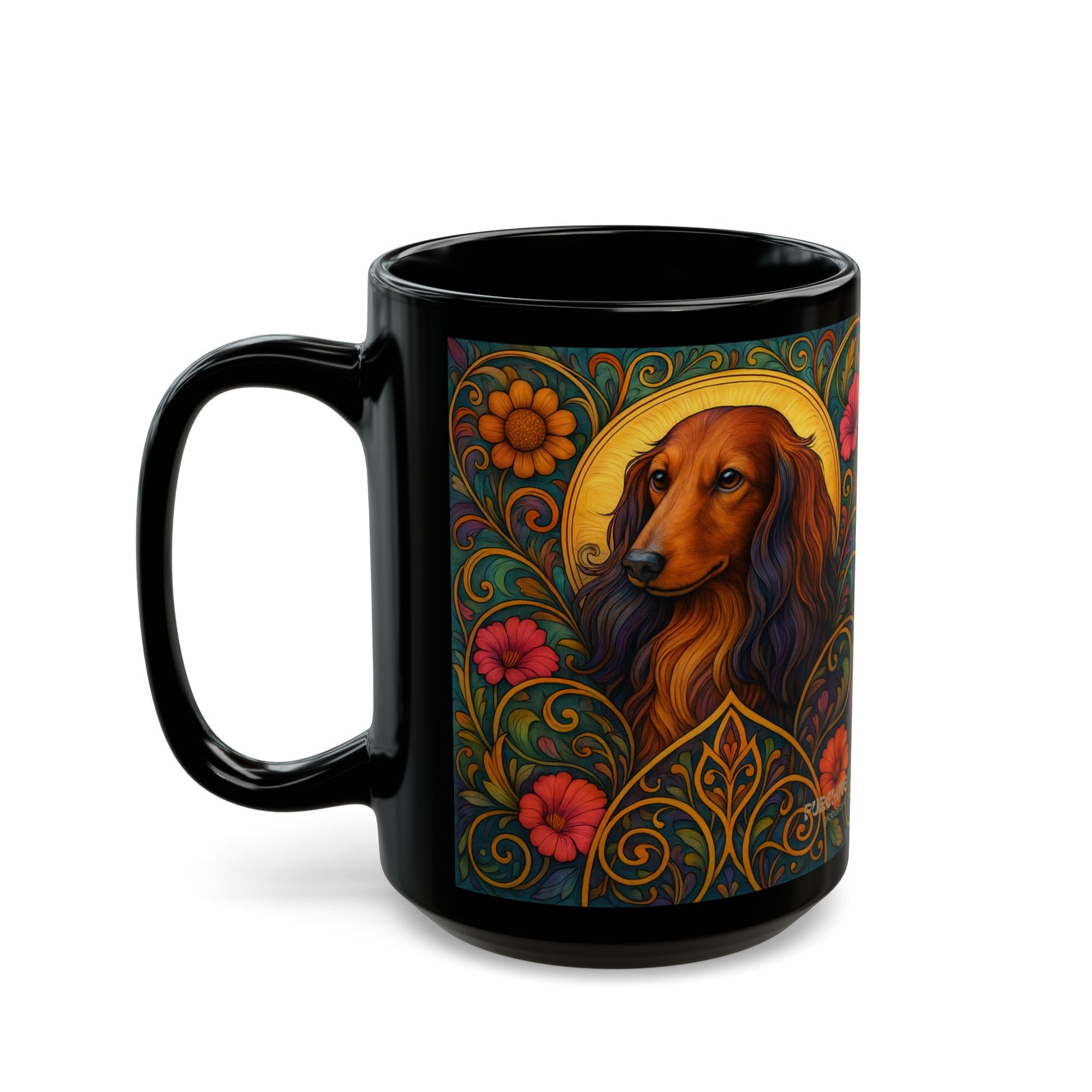 Longhair Dachshund Dog Lover Black Mug – Vintage Pet Themed Cup for Gifts & Home Decor
