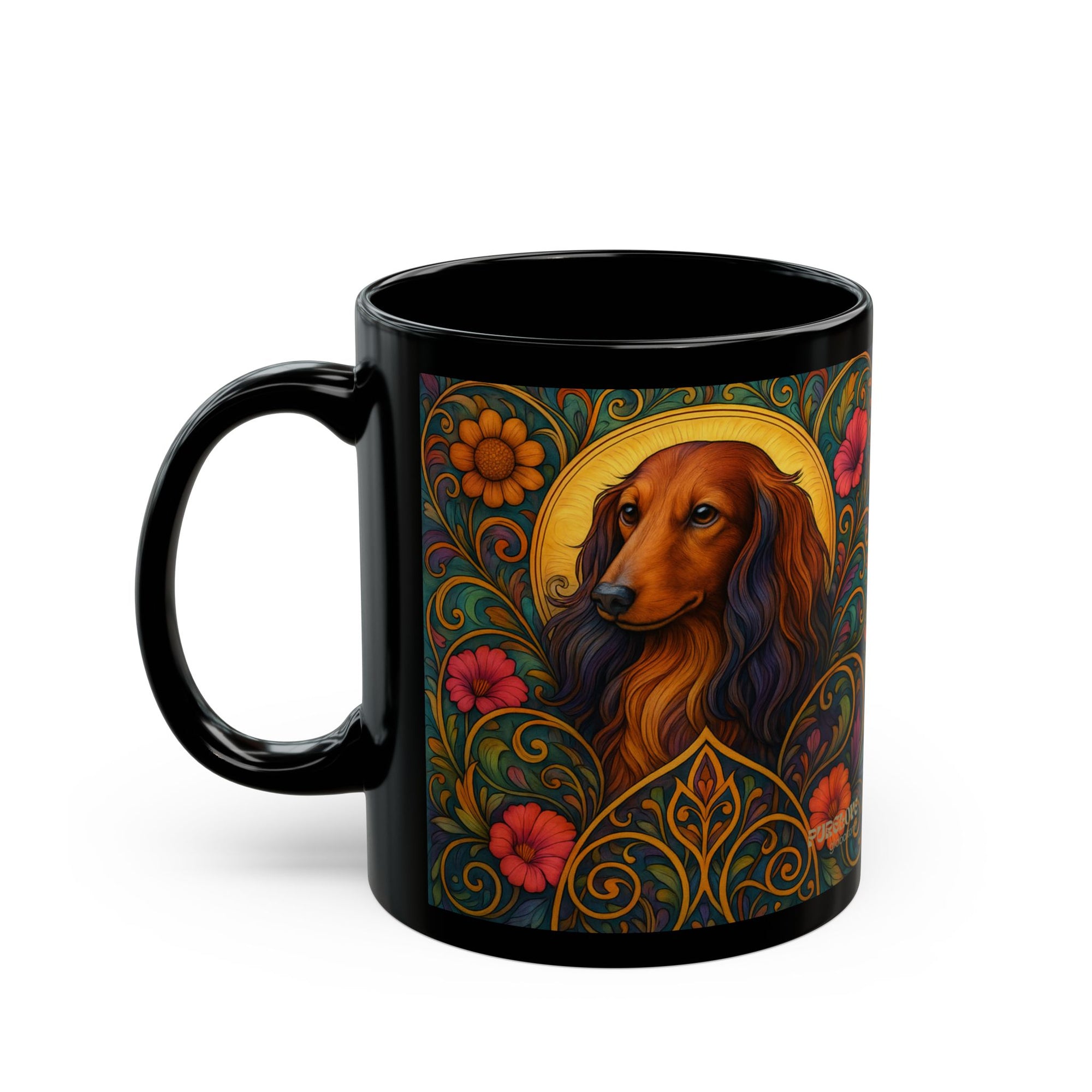 Longhair Dachshund Dog Lover Black Mug – Vintage Pet Themed Cup for Gifts & Home Decor